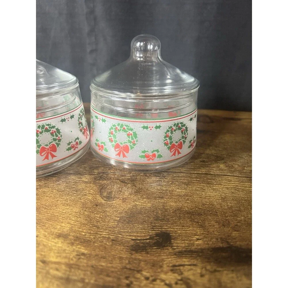 3 Indiana Glass Christmas Gift Jar Candy Nut Clear Glass Lid Wreath Holly Berry